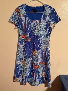 Ronni Nicole Blue Marine-Life Print Short Sleeve Mini Dress